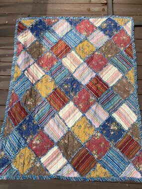 Shabby Chic Rag Quilt With Floral & Striped Pattern Reversible 48" x 61" Vintage